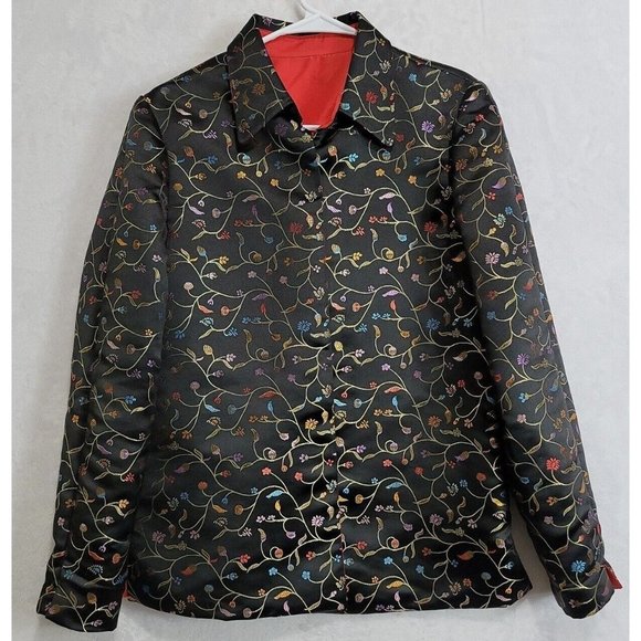 Robert Louis Lined Black Metallic Floral Silk Blend Open Front Jacket Size M/L - Picture 1 of 16